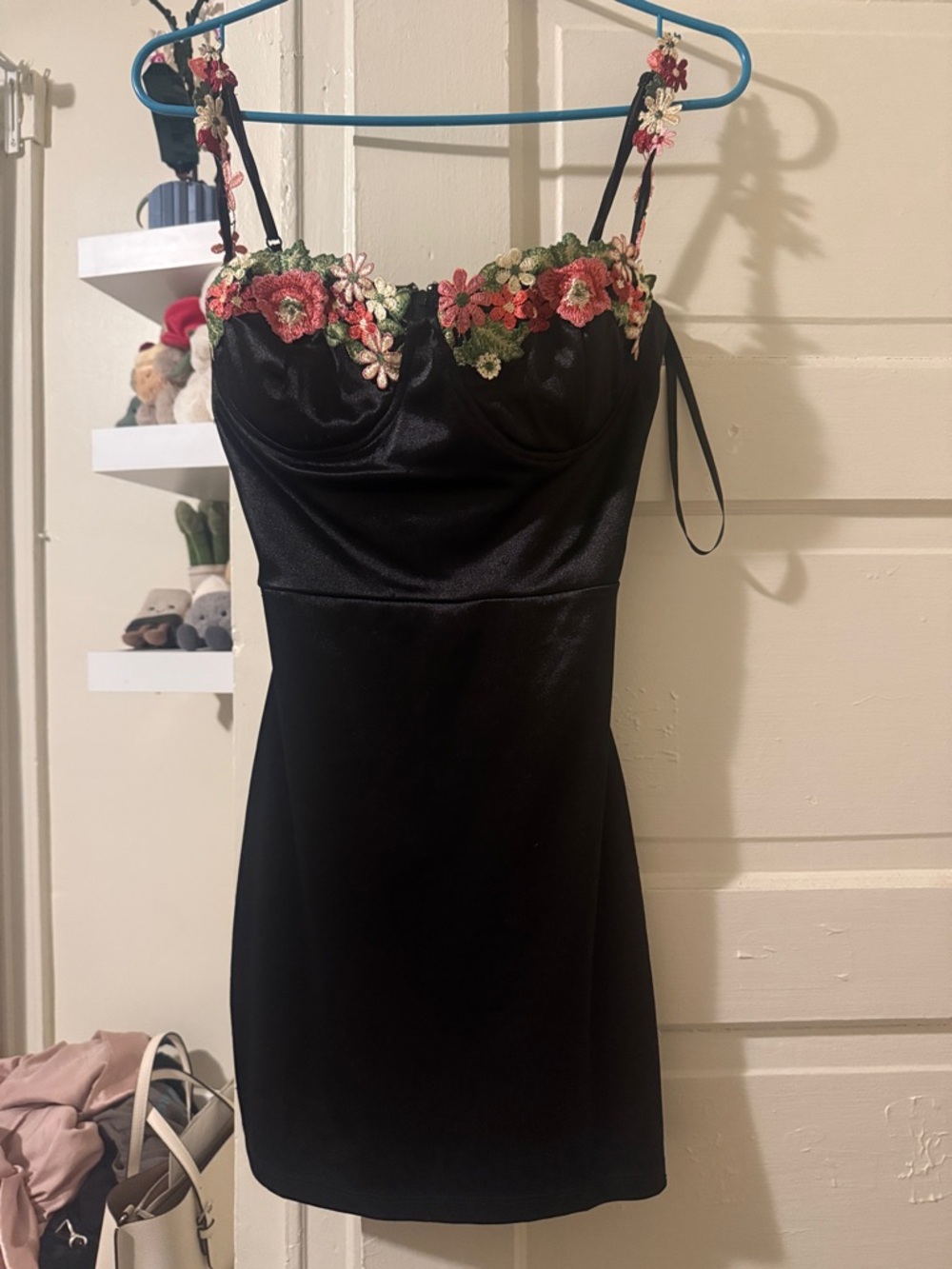 Black Mini Dress with Floral Embroidered Bust Size Small